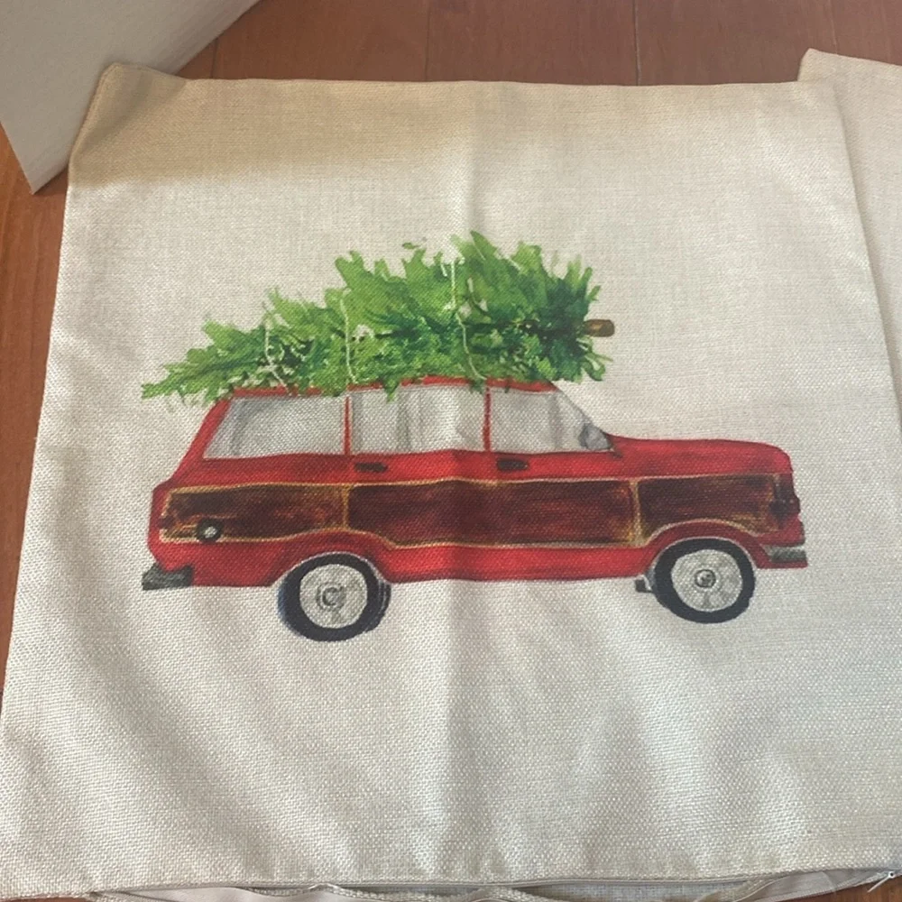 Festive Red Car Christmas Tree Holiday Pillow Covers shams 17x17”